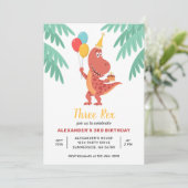 3つのレックス恐竜ケーキバルーン3番目の誕生日パーティー 招待状 (スタンド正面)