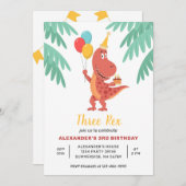3つのレックス恐竜ケーキバルーン3番目の誕生日パーティー 招待状 (正面/裏面)