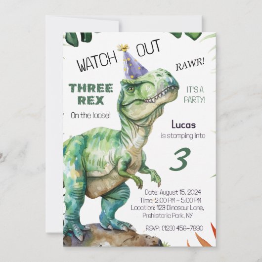 3つのレックス恐竜誕生日招待状 招待状 (正面)