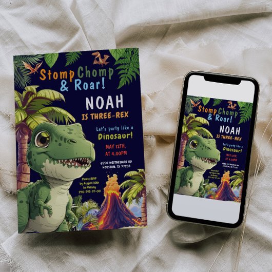 3つのレックス恐竜誕生日招待 招待状