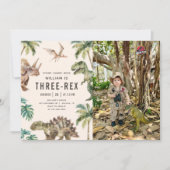3つのレックス恐竜3番目の誕生日パーティー写真 招待状 (正面)
