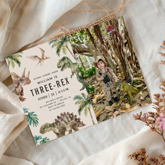 3つのレックス恐竜3番目の誕生日パーティー写真 招待状