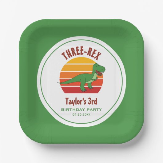 3つのレックス男女兼用恐竜おもしろい3番目の誕生日 ペーパープレート (正面)