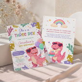 3つのレックス ピンクの恐竜の女の子の誕生日パーティー 招待状