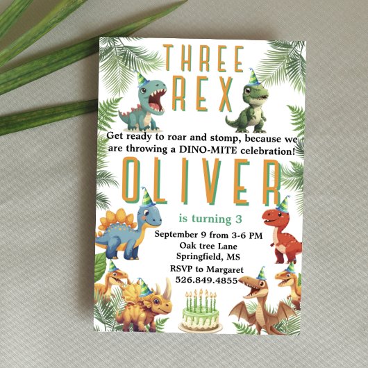 3つのレックスDinsoaur誕生日、水色tレックス 招待状