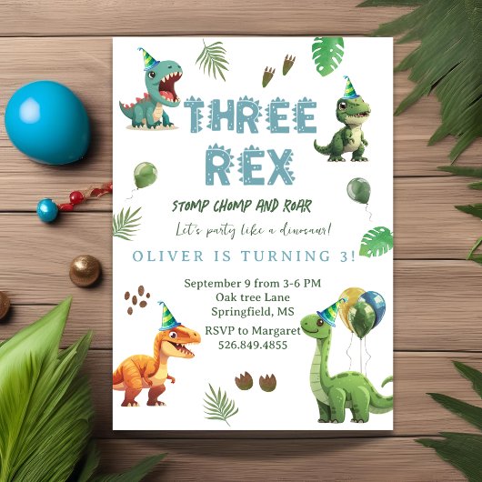 3つのレックスDinsoaur誕生日、水色tレックス 招待状