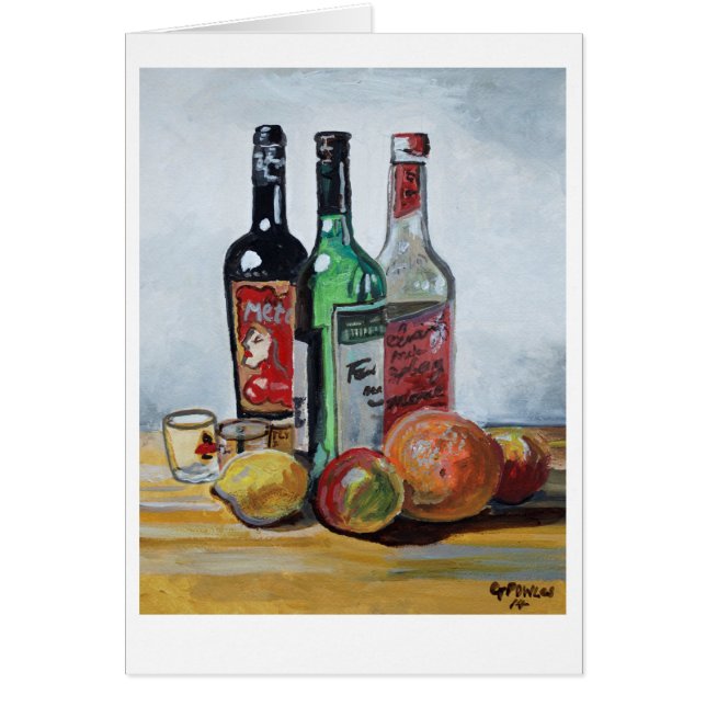 3つのワインボトルとフルーツ (正面)