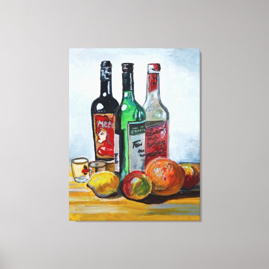 3つのワインボトルとフルーツ キャンバスプリント (正面)