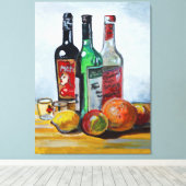 3つのワインボトルとフルーツ キャンバスプリント (インサイチュ (ウッドフロア))