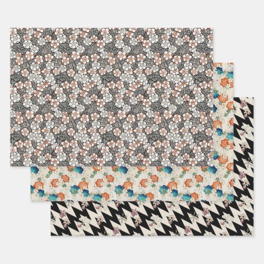 3つのヴィンテージパター日本のン ラッピングペーパーシート (セット)