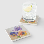 3つのヴィンテージパンジーの花の色鉛筆 ストーンコースター (横)