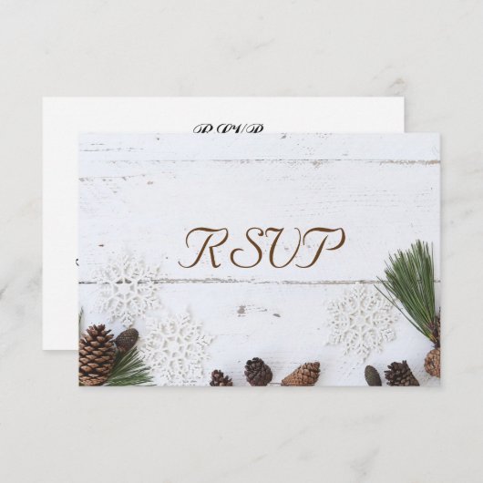 3つの入場の上等の冬Pineconeおよび雪片RSVP 出欠カード (正面/裏面)