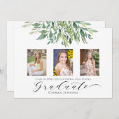 3つの写真のグリーン卒業パーティー招待状 招待状 (正面/裏面)