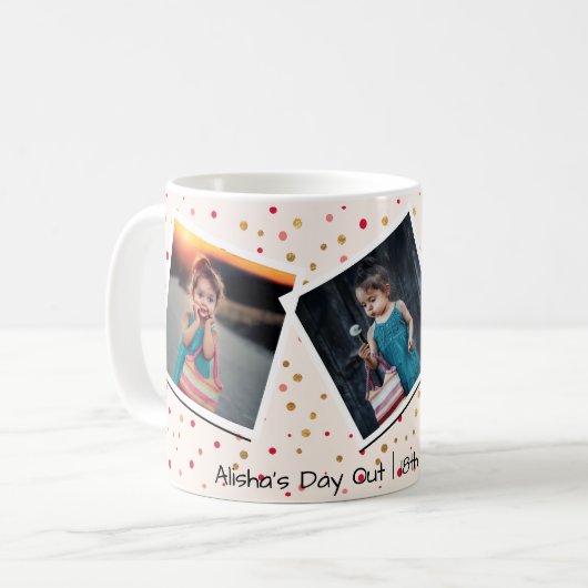 3つの写真のコラージュのピンクのパーソナライズでカスタムな文字 コーヒーマグカップ (正面左)