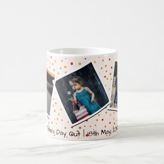 3つの写真のコラージュのピンクのパーソナライズでカスタムな文字 コーヒーマグカップ (中央)