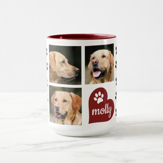 3つの写真のコラージュ犬の名前の赤いハート マグカップ (中央)