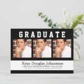 3つの写真のスポーティな男性の卒業パーティー 招待状 (スタンド正面)