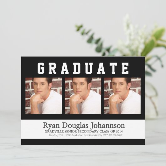 3つの写真のスポーティな男性の卒業パーティー 招待状 (スタンド正面)