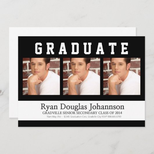 3つの写真のスポーティな男性の卒業パーティー 招待状 (正面/裏面)
