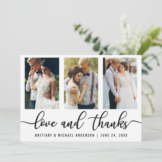 3つの写真のモダンな結婚式の愛および感謝 サンキューカード (スタンド正面)