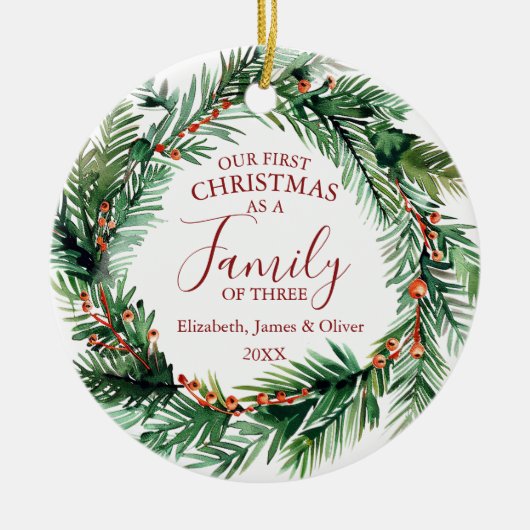 3つの写真の家族としての初めてのクリスマス セラミックオーナメント (正面)