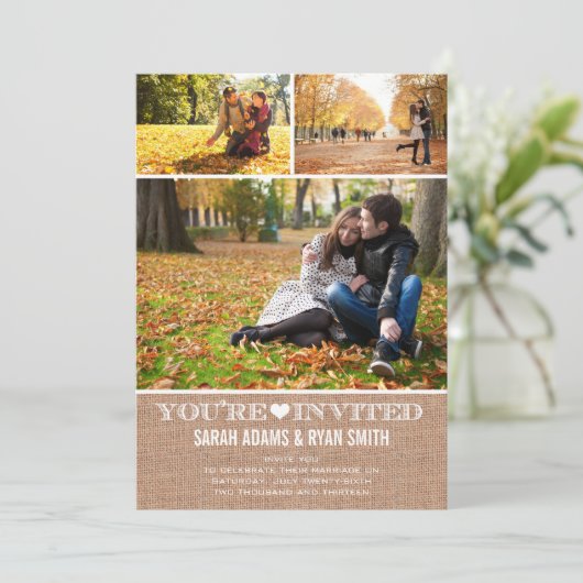 3つの写真の招待状を結婚するかわいいハートのバーラップ 招待状 (スタンド正面)