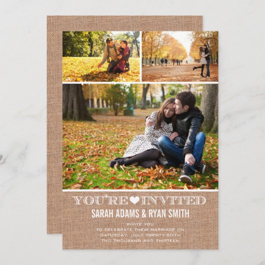 3つの写真の招待状を結婚するかわいいハートのバーラップ 招待状 (正面/裏面)