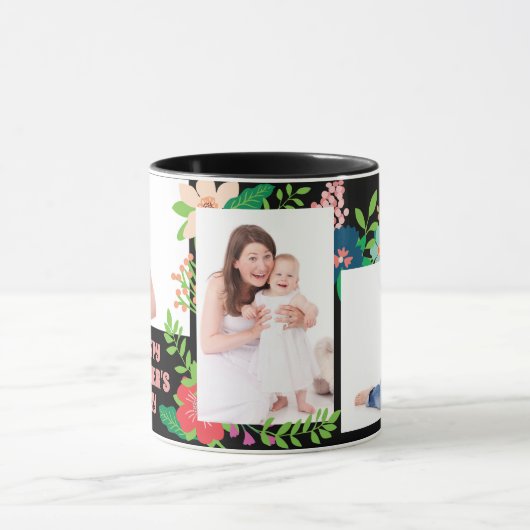 3つの写真の花の母の日のブラックコーヒーのマグ マグカップ (中央)