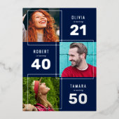 3つの写真を使ったブルーとシルバーの共同誕生日パーティー 箔招待状 (正面)