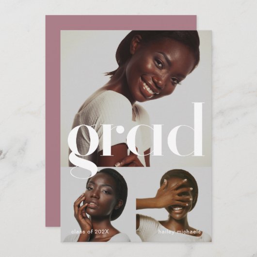 3つの写真コラージュほこりっぽいバラ卒業パーティー 招待状 (正面/裏面)