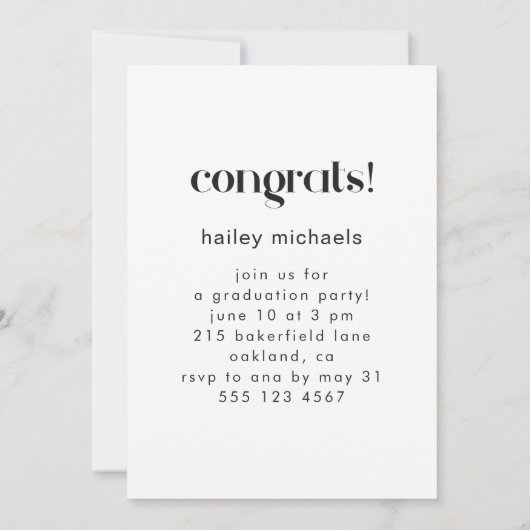 3つの写真コラージュ白黒卒業パーティー 招待状 (裏面)