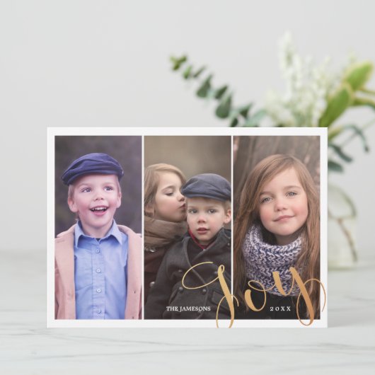 3つの写真コラージュ金ゴールドジョークリスマスフォト シーズンカード (スタンド正面)