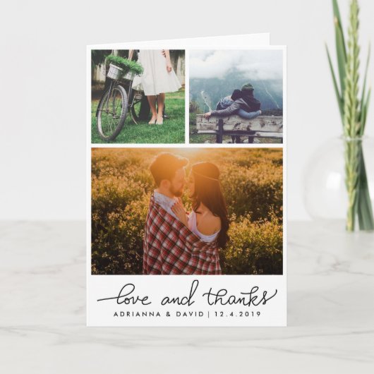 3つの写真愛および感謝の原稿の結婚 サンキューカード (正面)