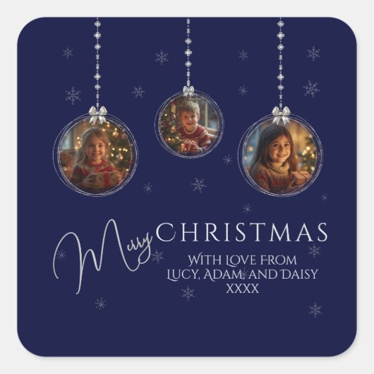 3つの写真海軍と銀のクリスマス スクエアシール (正面)