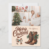 3つの写真 西部風リボンとブーツのクリスマス シーズンカード (正面)