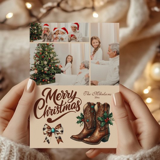 3つの写真 西部風リボンとブーツのクリスマス シーズンカード