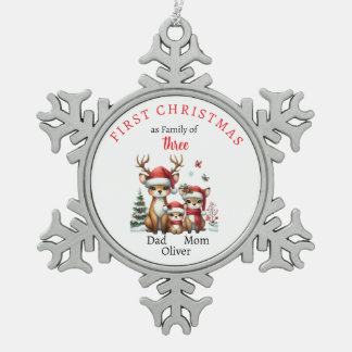 3つの初めてのクリスマス家族Keepsake写真 スノーフレークピューターオーナメント