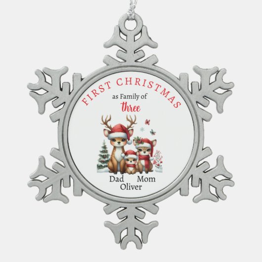 3つの初めてのクリスマス家族Keepsake写真 スノーフレークピューターオーナメント (正面)