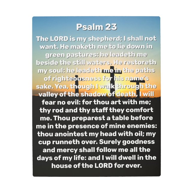 3つの十字架Psalm 23サンセットクリスチャンウォールアート メタルプリント (正面)