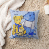 3つの古いテディ付きの青いチェックピクニッククロス クッション (ブランケット)