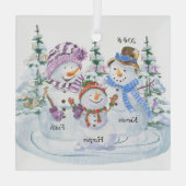 3つの名前の家族かわいいクリスマス雪だるま ガラスオーナメント (裏面)