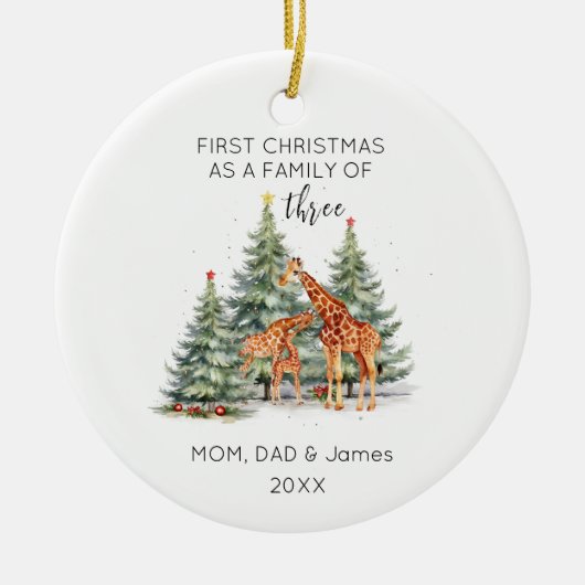3つの名前の最初のクリスマスファミリーかわいいキリン セラミックオーナメント (正面)
