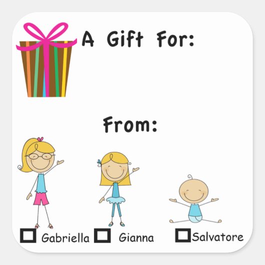 3つの子供の名前ステッカーで愛らしい贈り物ラベル スクエアシール (正面)