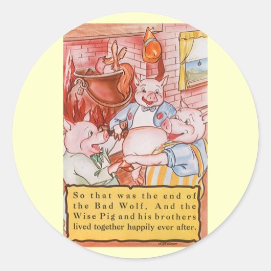 3つの小さな豚料理ウルフ、ヴィンテージ童話 ラウンドシール (正面)
