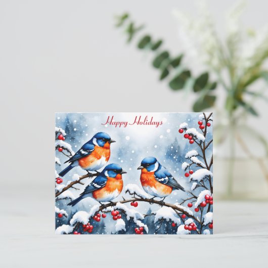 3つの小さな鳴鳥と赤い果実のクリスマス シーズンカード (スタンド正面)