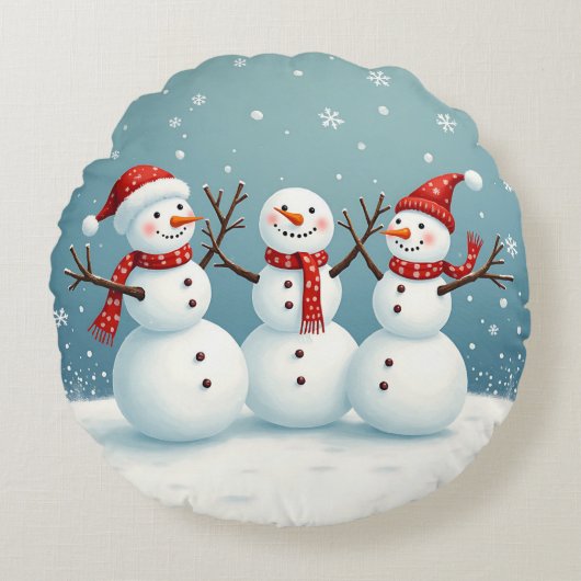 3つの幸せなクリスマス雪だるま ラウンドクッション (正面)