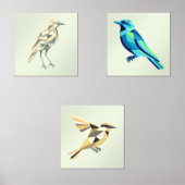 3つの幾何学的な鳥の壁芸術プリントのセット (正面)