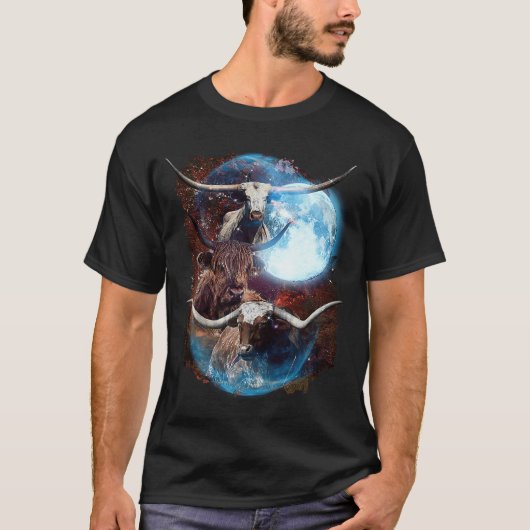 3つの月 ロングホーン 牛 アメリカバイソン Tシャツ (正面)