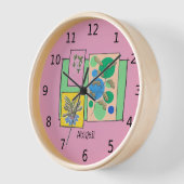 3つの植物の可愛いアートドードル、あなたの名前、ピンク 壁時計 (傾斜)