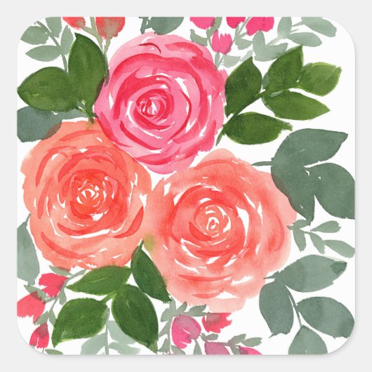 3つの水彩バラ スクエアシール (正面)